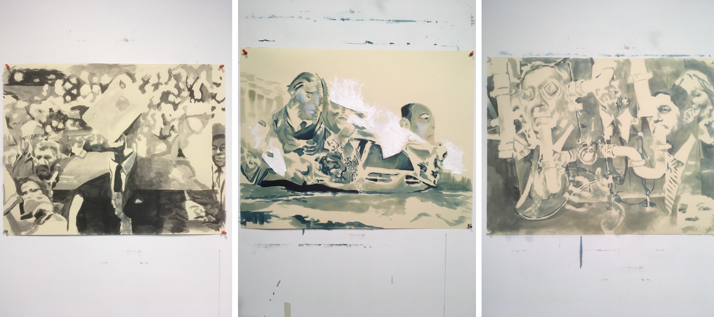 Photo of 3 works in progress on studio wall